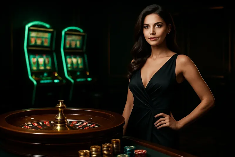 Elegant Casino Banner Confident woman in evening dress near roulette and slot machines in luxury Bangladeshi casino with neon green and gold accents